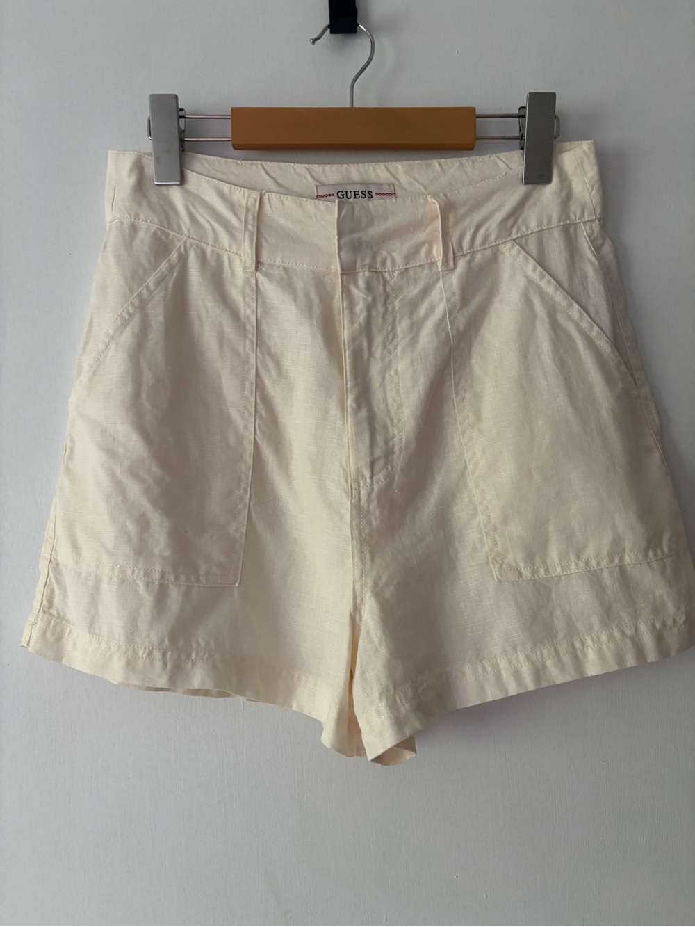 GUESS 100% Linen Cream/Ivory High-Rise Patch Pocket Shorts S